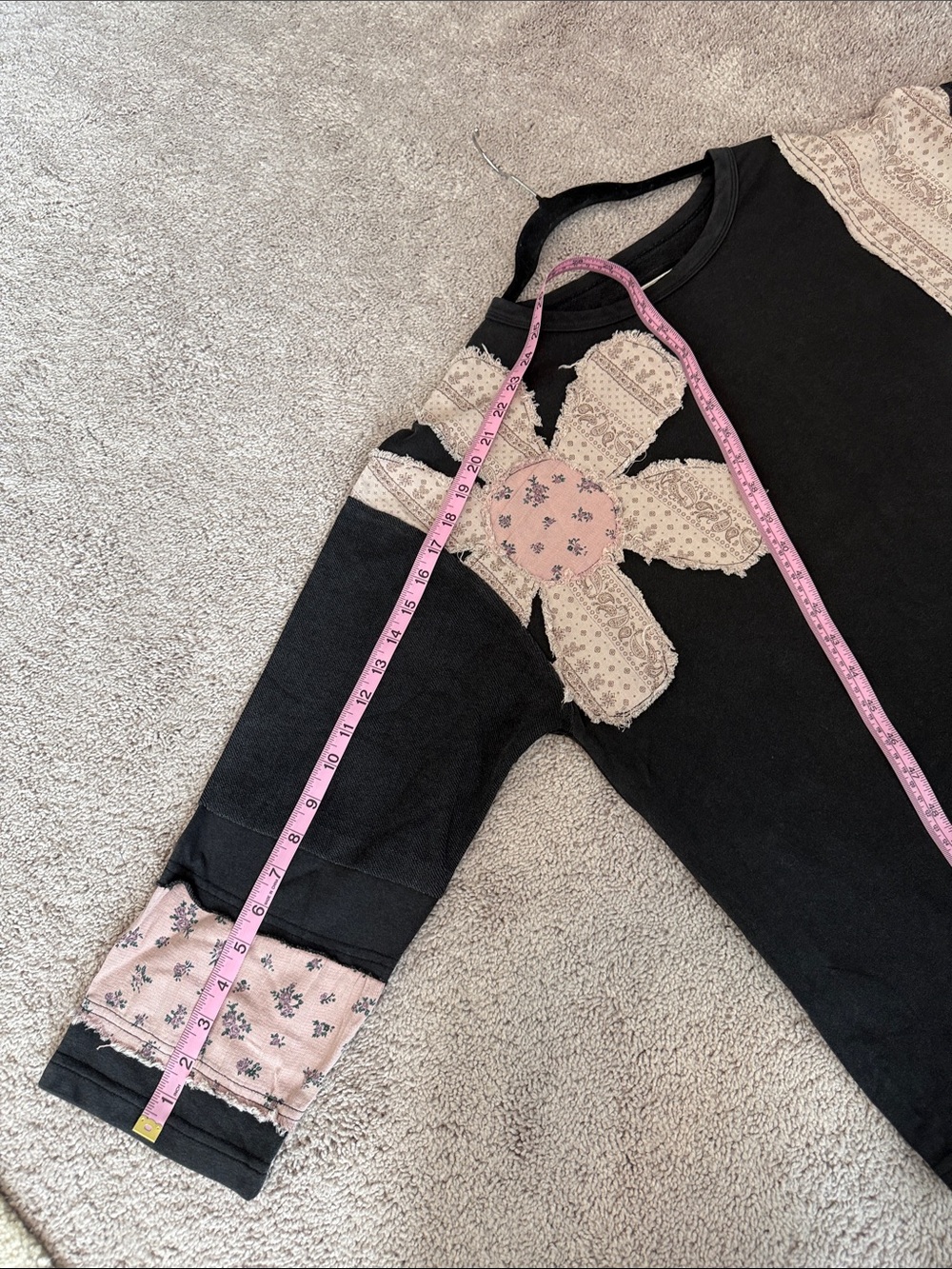 Umgee Mineral Washed Black Sweatshirt with Pink Floral Patchwork - Picture 11 of 16
